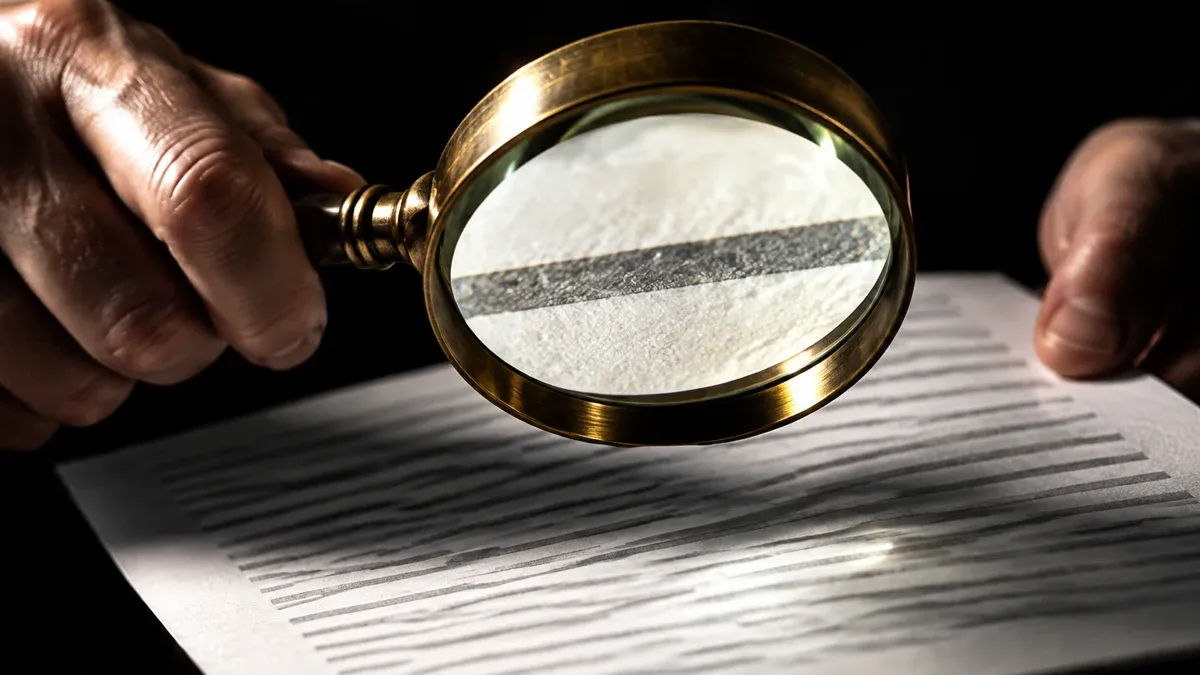 Zwei H&auml;nde halten eine Messinglupe &uuml;ber einen Papierbogen mit grauen Zeilen ohne lesbare Zeichen, eine Zeile erscheint unter der Linse vergr&ouml;&szlig;ert