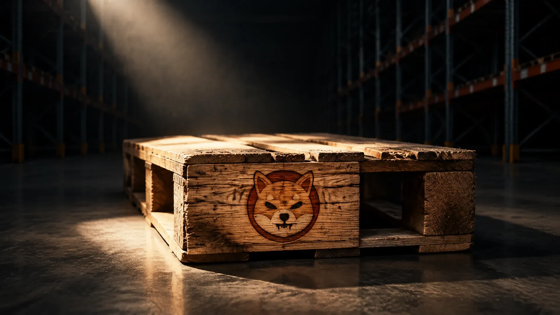 Einzelne verschnürte Holzpalette unter einem Lichtkegel in einer dunklen leeren Lagerhalle, auf der Stirnseite ist das Shiba-Inu-Zeichen als Brandzeichen eingeprägt