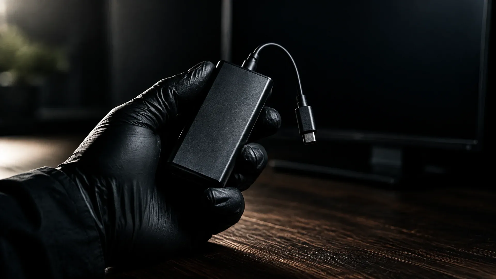 Behandschuhte Hand hält ein markenloses schwarzes Hardware-Gerät mit kurzem Kabel über einer dunklen Holzplatte