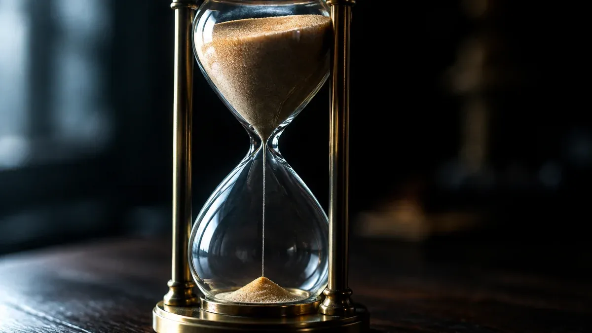 Brass hourglass, almost full of sand at the top, only a tiny cone at the bottom