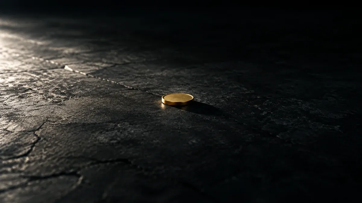 A single small gold coin on a wide, empty dark stone surface
