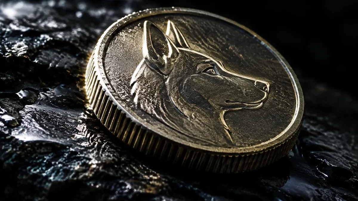 Makroaufnahme einer Metallmünze mit eingeprägtem Hundekopf-Profil auf nassem dunklem Schiefer