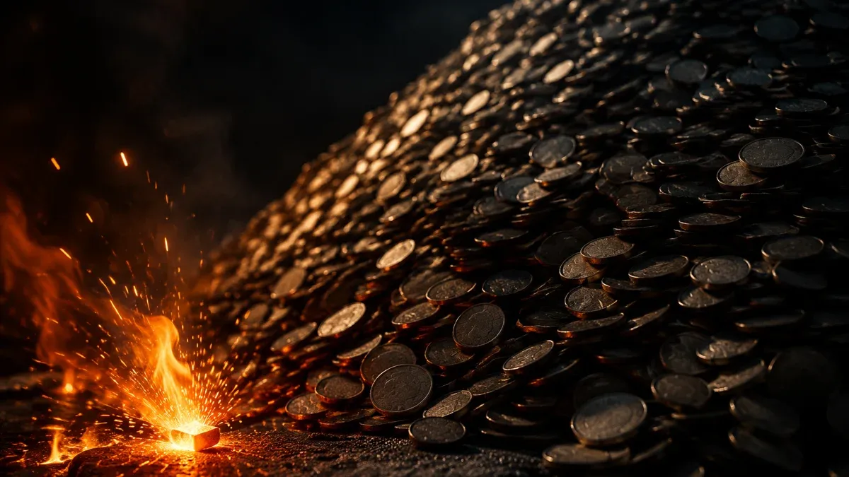 Ein einzelner gluehender Metallsplitter verbrennt in einer Flamme neben einem riesigen Berg aus Muenzen im Halbdunkel