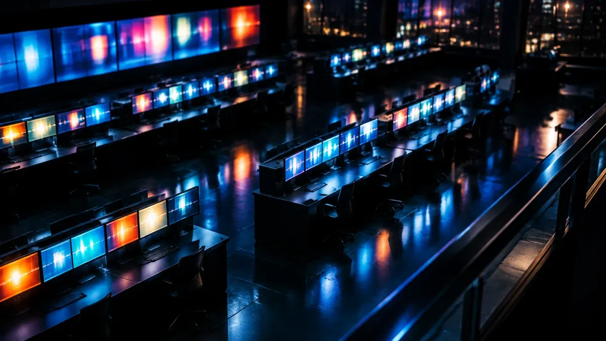 Night-time trading floor with long rows of glowing screens showing no readable content and empty chairs