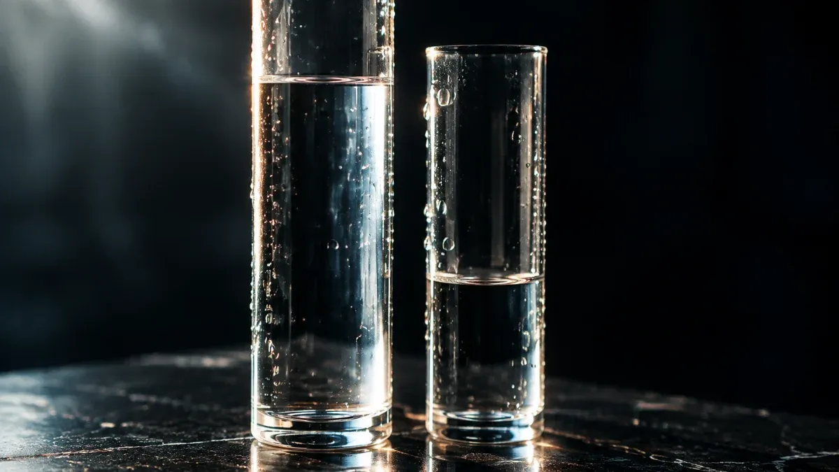 Macro shot of two glass cylinders filled to different levels on a dark stone slab in backlight