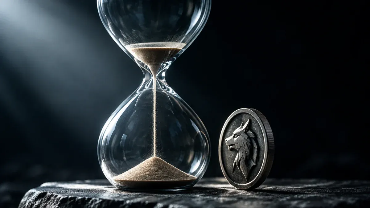 Reloj de arena de cristal casi agotado sobre una losa de piedra y, al lado, una moneda metálica de pie con relieve de cabeza de animal bajo un haz de luz lateral