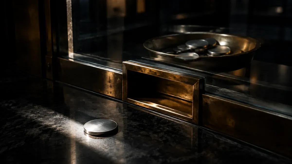 Old exchange counter at night, thick glass pane with a brass pass-through, behind it a brass dish holding several metal discs, in front a single disc caught in raking light on a dark stone counter