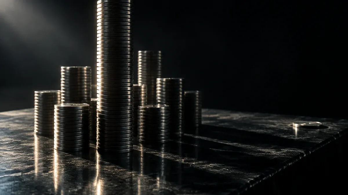 Several towers of stacked metal discs of differing heights on a dark stone slab, one tower standing out clearly, a single flat disc lying off to the side