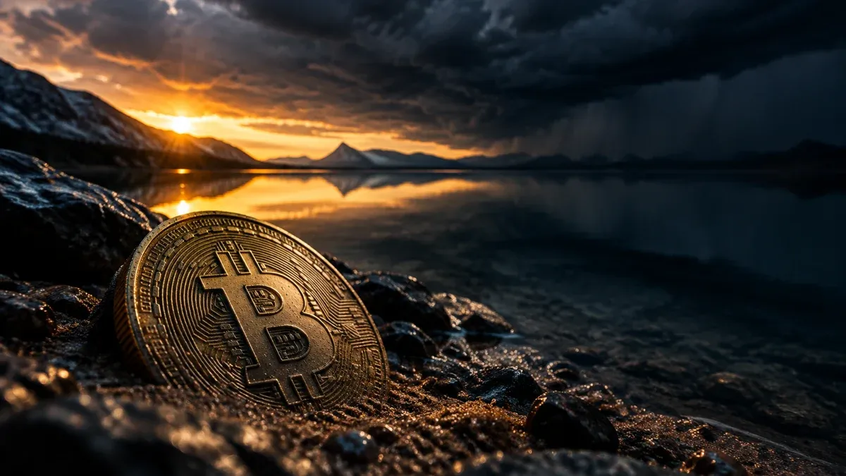 Spiegelglatter Bergsee in der Dämmerung, am Ufer eine große Metallmuenze mit eingeprägtem Bitcoin-Zeichen, am Horizont eine Gewitterwand