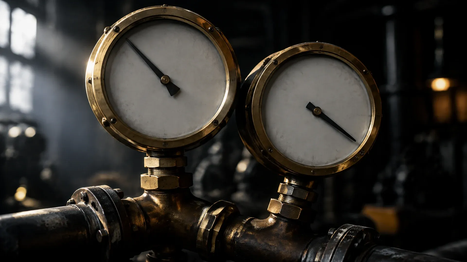 Zwei schwere Industrie-Manometer mit Messingrahmen auf einem Rohrknoten in dunkler Werkhalle, die Zeiger stehen unterschiedlich, die Skalenblaetter sind leer