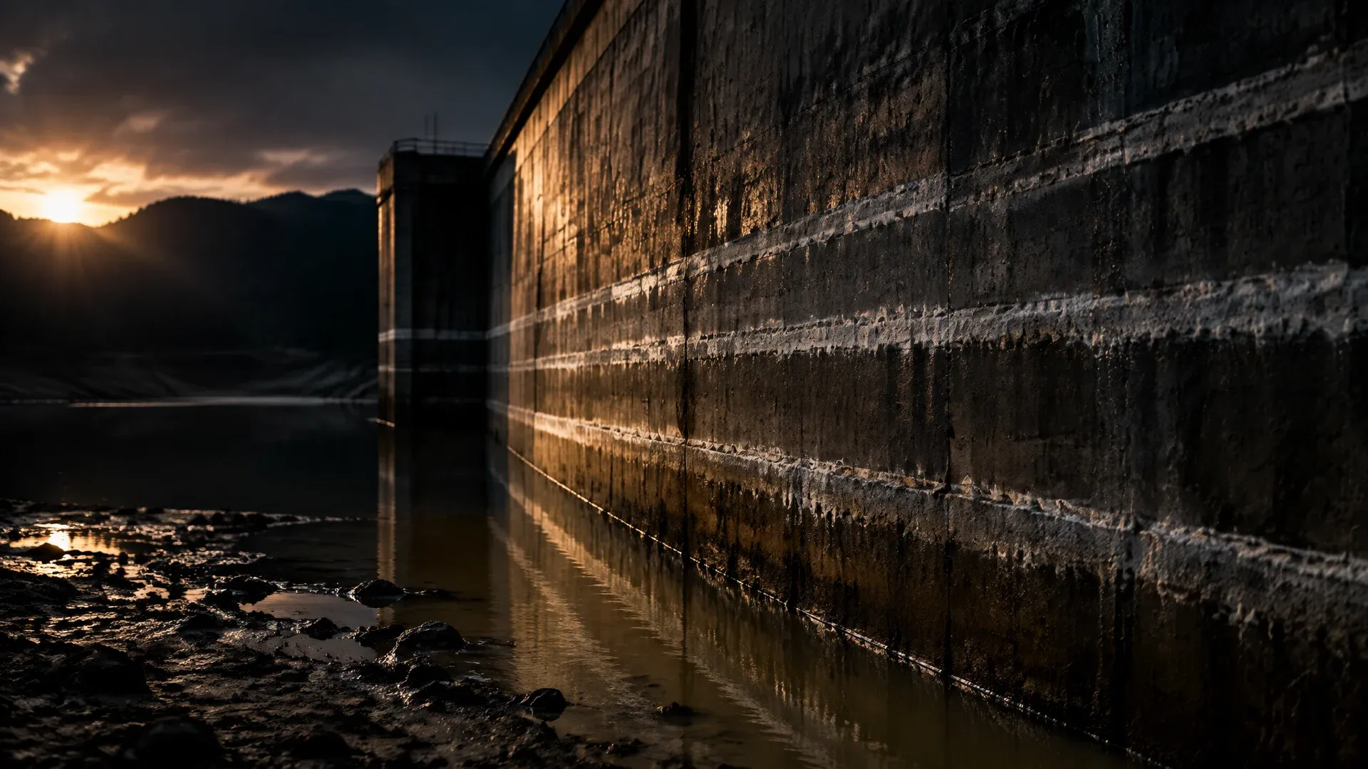 Betonmauer eines weit abgelassenen Stausees in der Dämmerung, der Wasserspiegel liegt tief unter mehreren waagerechten Hochwassermarken, die als trockene Kalkstreifen quer über die Wand laufen
