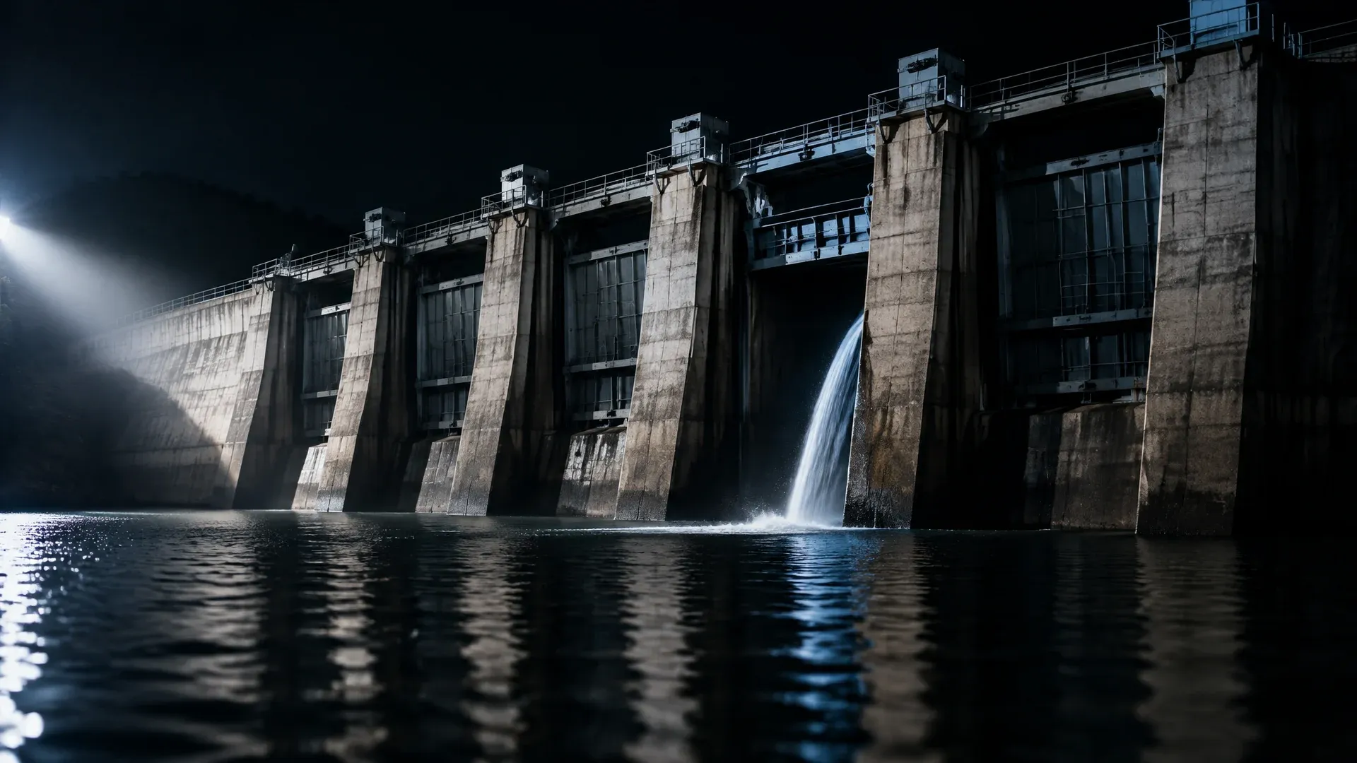 Betonwehr in einem Stausee bei Nacht, nur eine von fünf Schützen geöffnet, ein schmaler Wasserstrahl, die übrigen trocken