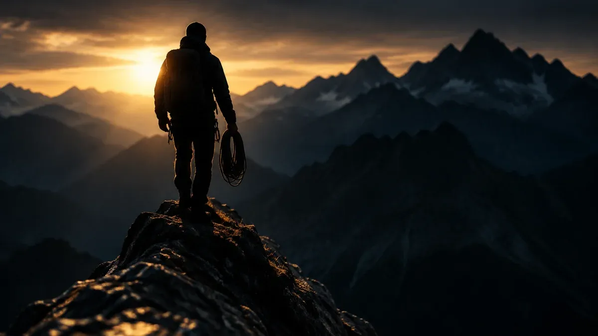 Silhouette eines Bergsteigers mit aufgerolltem Seil in der Hand auf einer schmalen Felskante im Gegenlicht