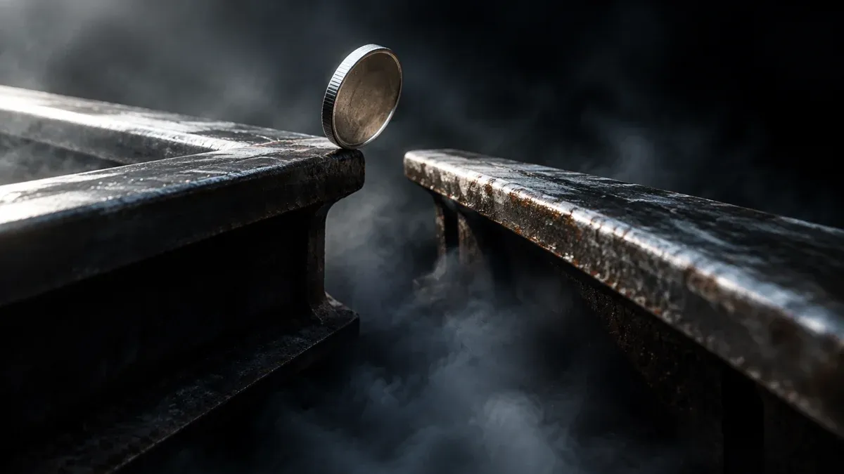 Two steel rail tracks meet above a misty chasm, a metal coin rolling from one onto the other