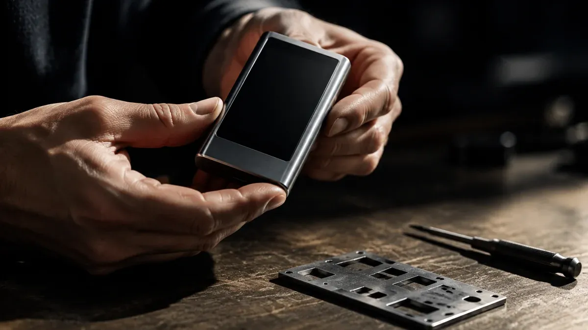 Zwei Hände halten ein markenloses Hardware-Gerät mit dunklem Display über einer Werkbank, daneben eine gestanzte Metallplatte