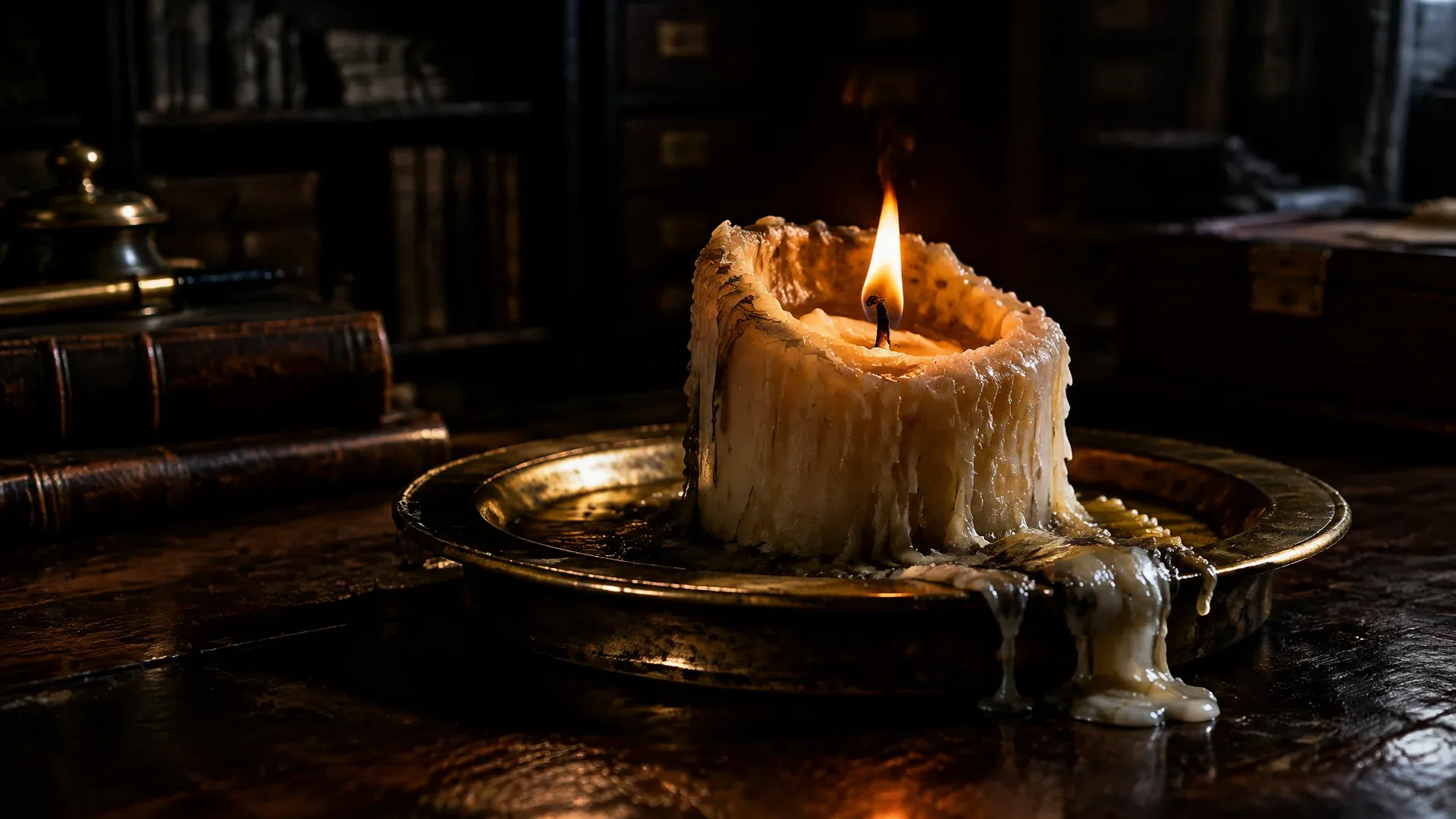 Thick wax candle almost burned down on a heavy brass plate in a dark old counting house, the wick flickering as the last light
