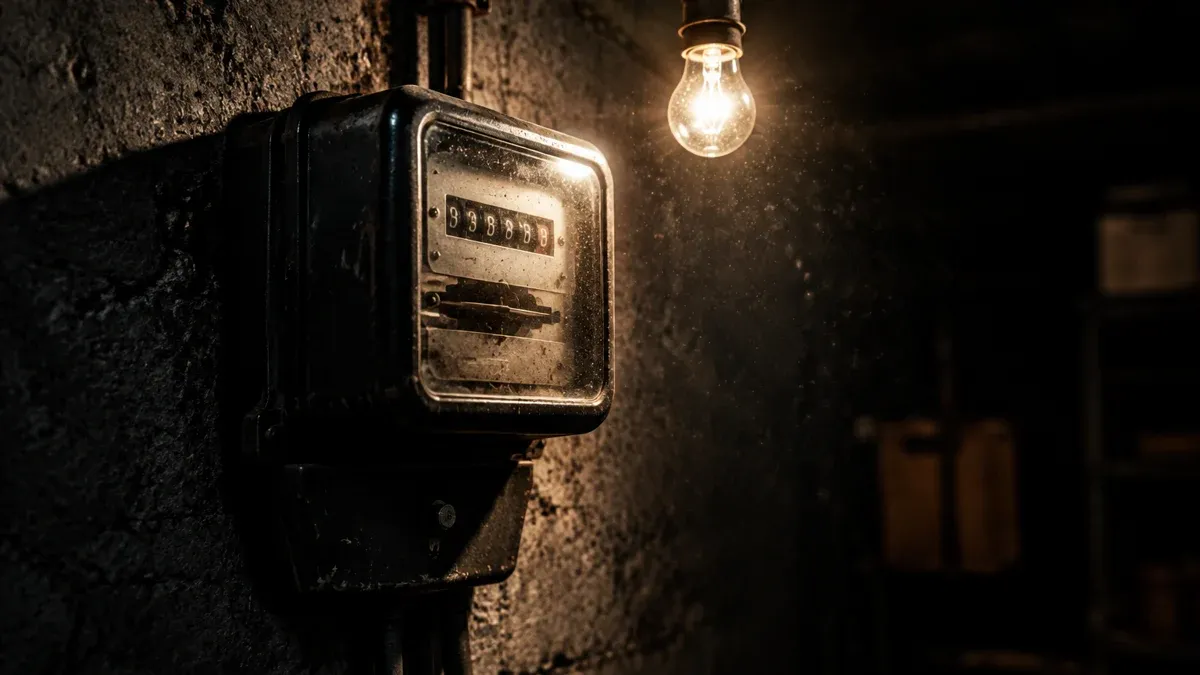 Alter mechanischer Stromzähler an einer Betonwand in einem dunklen Keller, darüber eine nackte Glühlampe