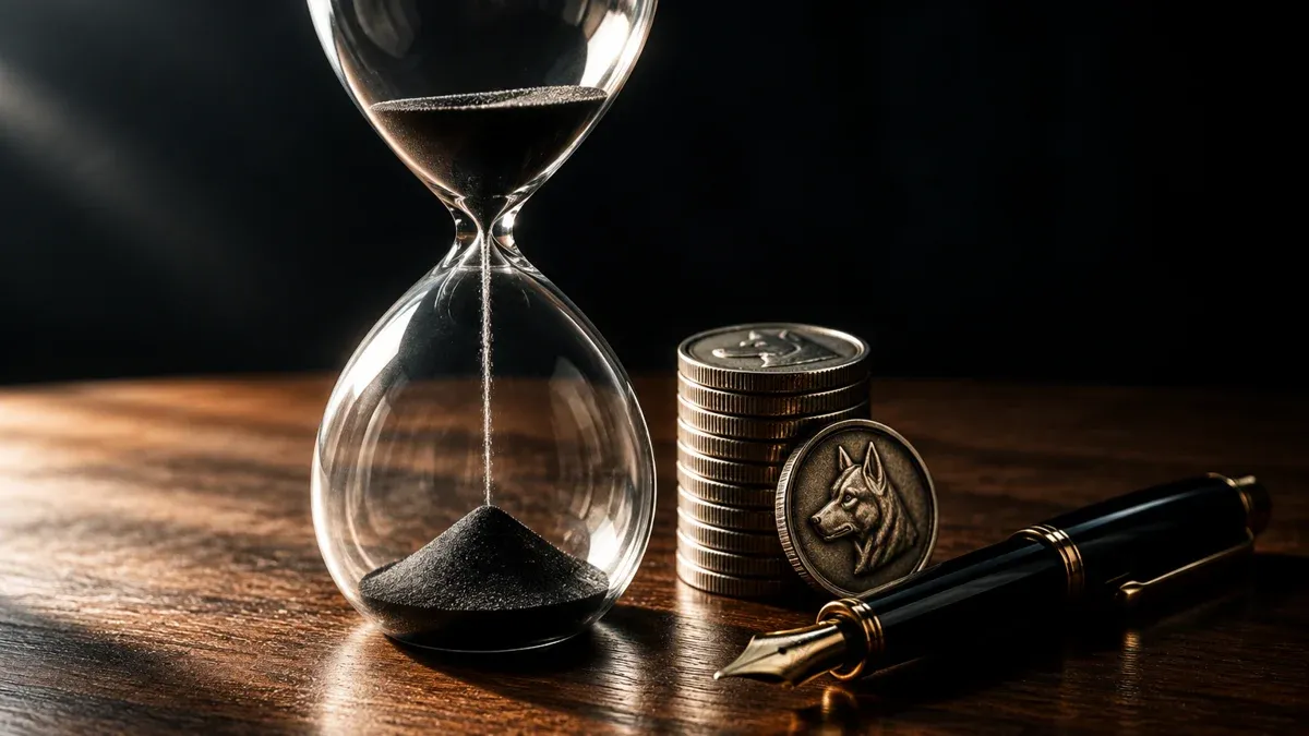 Gläserne Sanduhr mit fast durchgelaufenem Sand neben einem Stapel Münzen mit Hundekopf