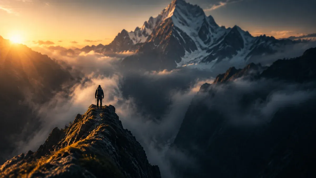 Silhouette eines Bergsteigers auf einem schmalen Felsgrat vor einer Nebelschlucht, dahinter ein deutlich höherer Gipfel im Morgenlicht