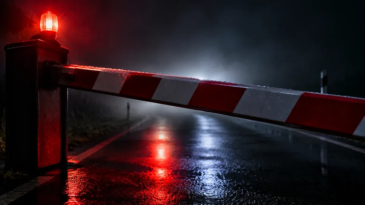 A barrier lowering on an empty country road at night