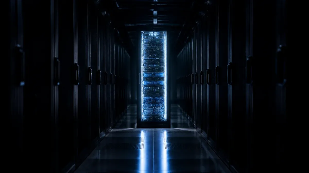 A nearly dark data centre aisle with a single illuminated server rack