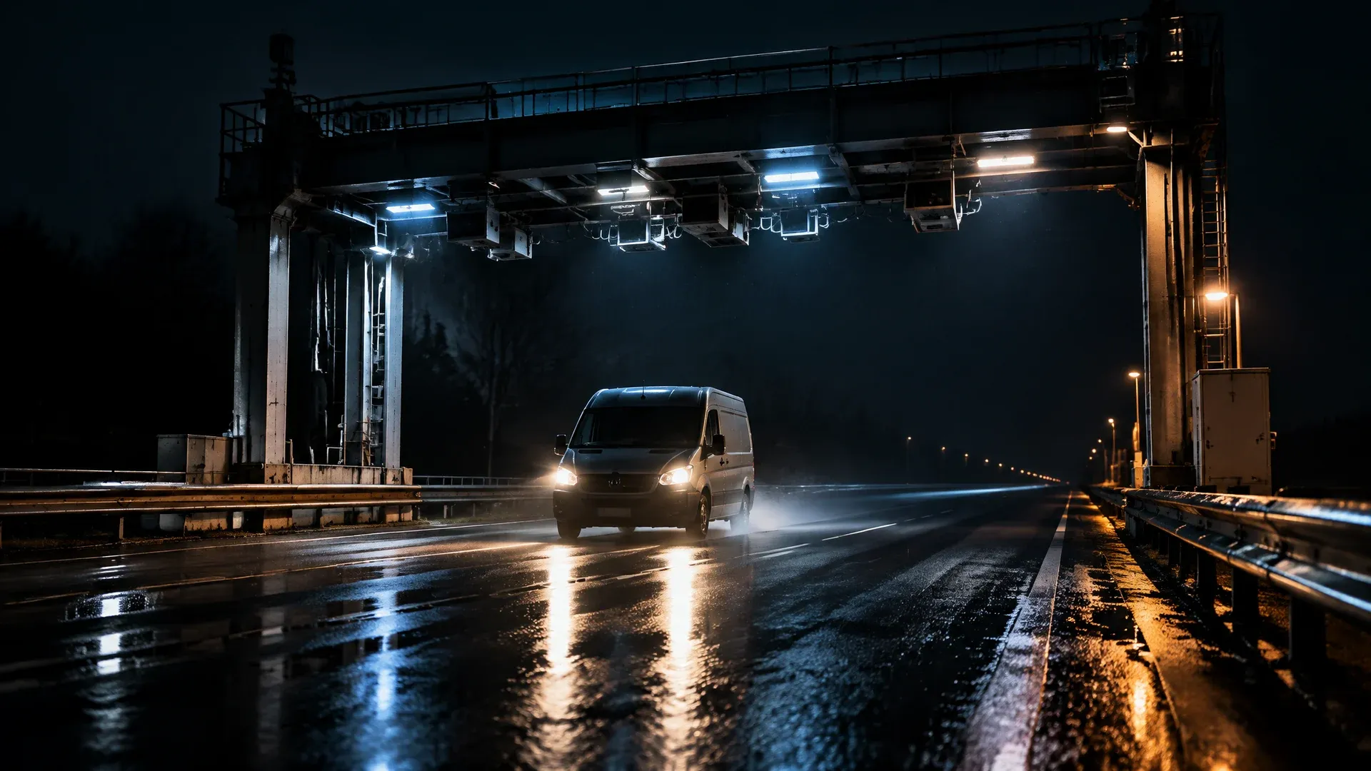 Stahlmautbrücke über einer leeren nachtnassen Autobahn, darunter fährt ein einzelner Kleintransporter