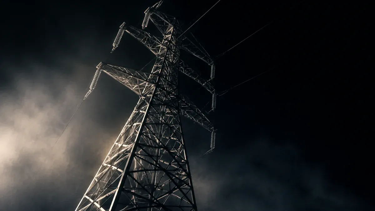 Einzelner Hochspannungsmast aus Stahlgitter bei Nacht im Seitenlicht gegen tiefdunklen Himmel mit Nebel