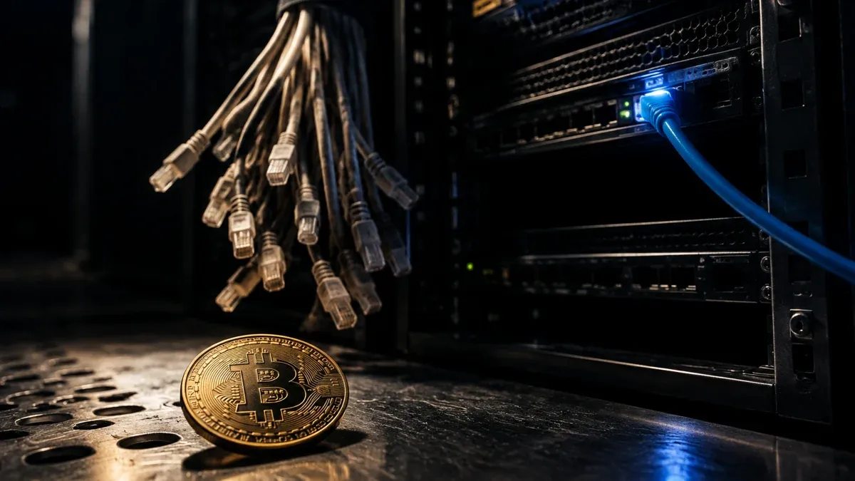 Geöffneter Serverschrank, ein Bündel abgeklemmter Patchkabel hängt herab, ein einzelnes neues Kabel steckt im Port, davor eine physische Münze mit Bitcoin-Zeichen