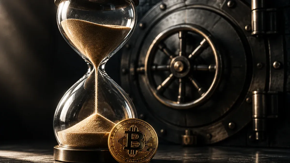 Gläserne Sanduhr mit rinnendem Sand vor einer Stahltür mit rundem Zeitschloss-Rad, davor eine physische Münze mit Bitcoin-Zeichen
