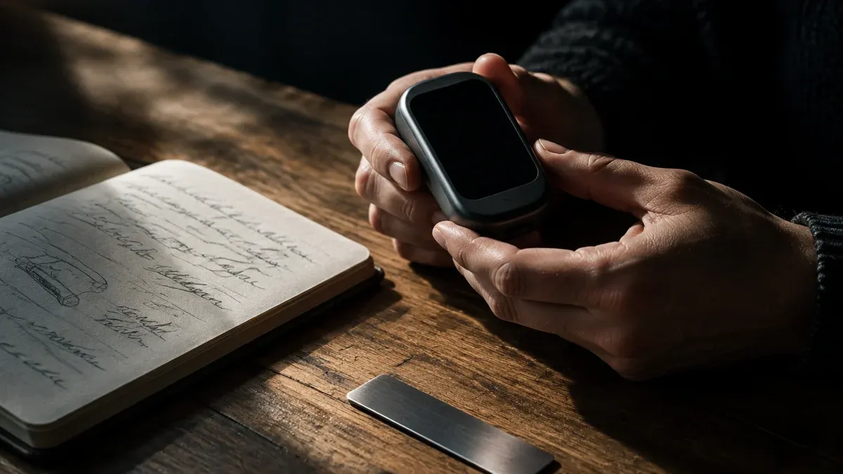 Zwei Hände halten ein markenloses Hardware-Wallet über einem Holztisch neben einem Notizbuch
