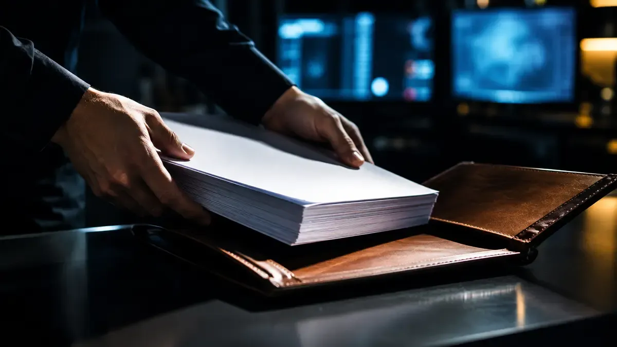 Zwei Hände legen einen gedruckten Papierstapel in eine aufgeschlagene Dokumentenmappe aus Leder