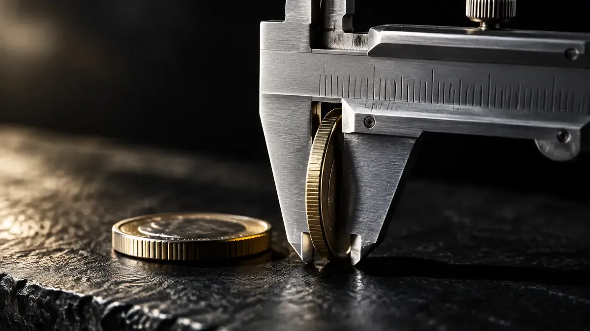 Stählerner Messschieber greift die Dicke einer Metallmuenze neben einer zweiten Referenzmuenze auf dunkler Schieferplatte