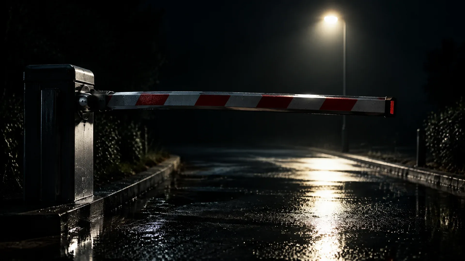 Halb geschlossene Stahlschranke vor einer leeren naechtlichen Zufahrt