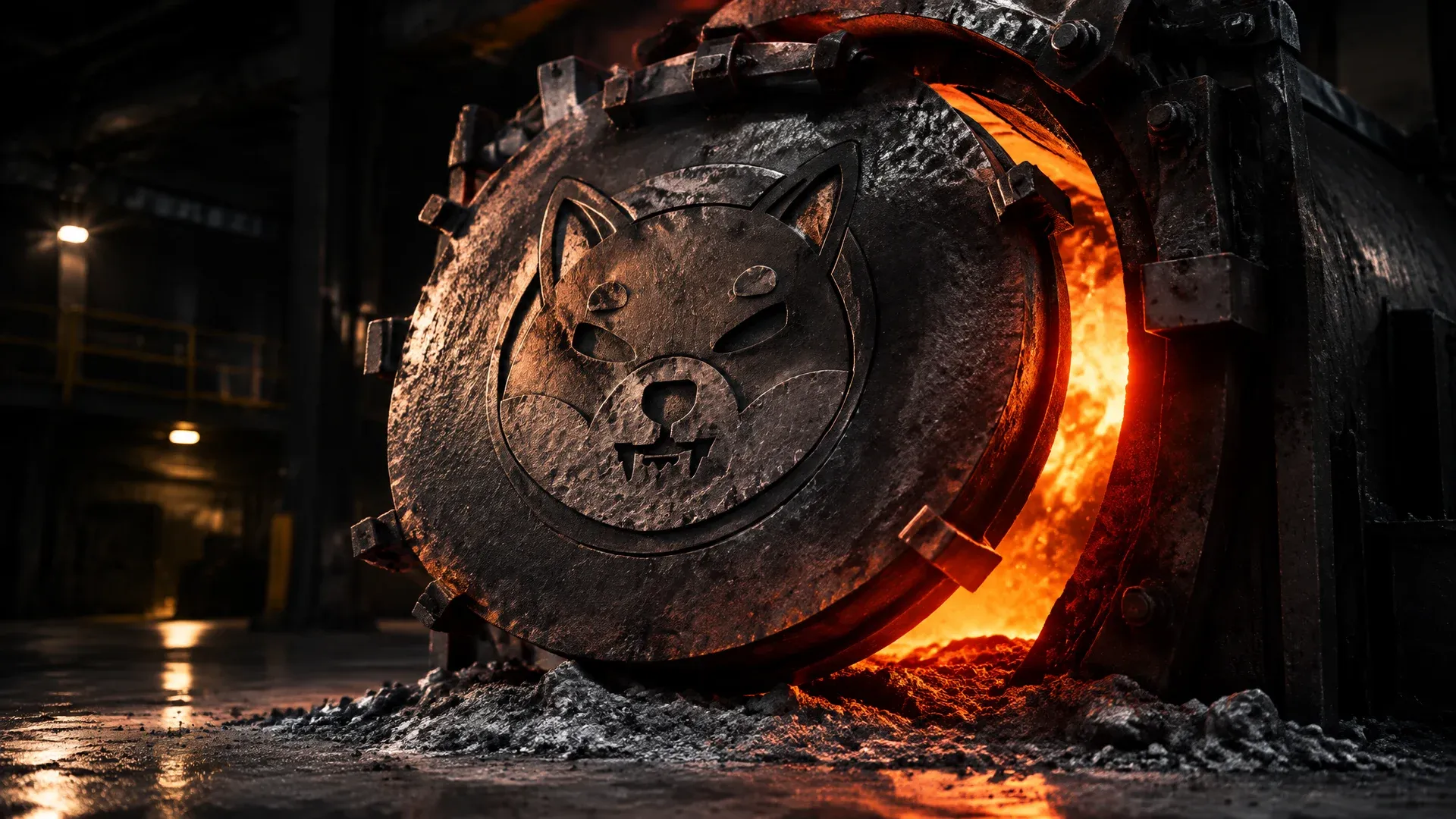 Industrieofen in einer dunklen Halle, die geschwärzte Stahlklappe mit dem Shiba-Inu-Zeichen als Relief steht einen Spalt offen und gibt glutrotes Licht frei