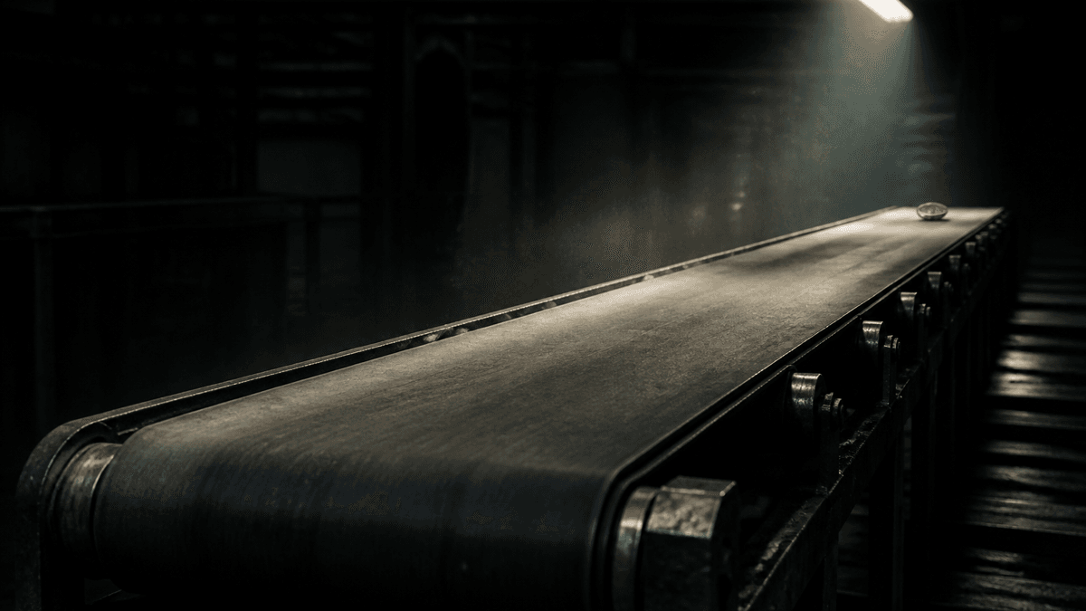Un tapis roulant vide traverse une halle industrielle sombre, une unique pièce de métal reposant à l'extrémité arrière
