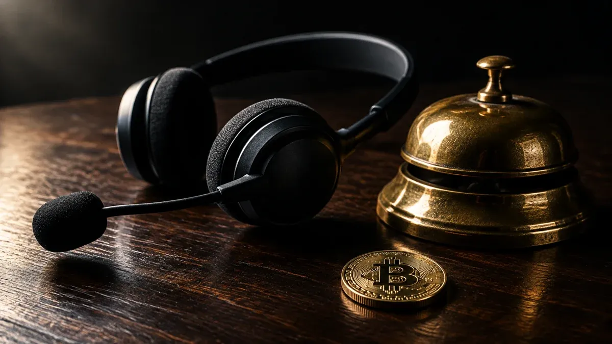 Unos auriculares negros de centro de llamadas junto a un timbre de mostrador de latón sobre madera oscura, al lado una moneda con el símbolo de bitcoin grabado