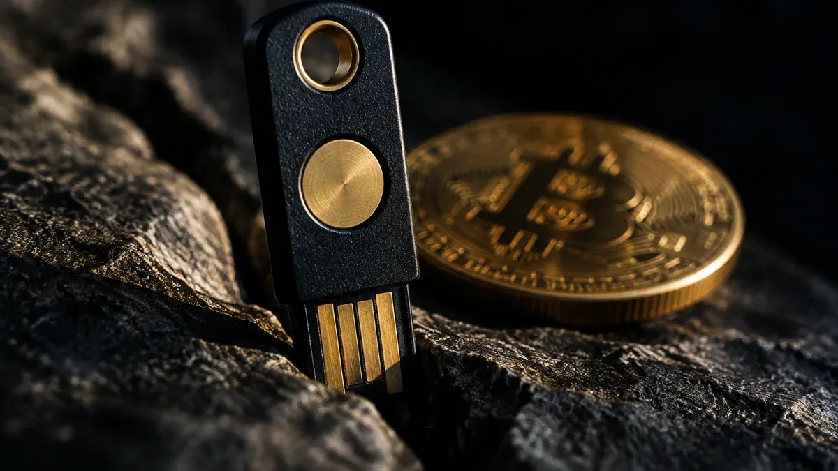 Primer plano de una llave de seguridad USB negra con anillo de contacto dorado, al fondo y desenfocada una moneda con el símbolo de bitcoin grabado