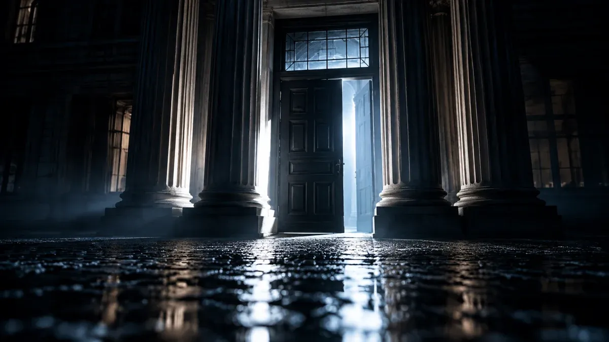 Columned portal of a supervisory building at night in backlight, a heavy double door half closed