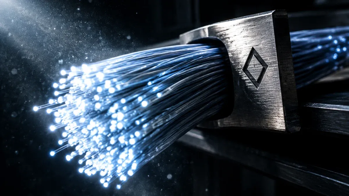 Macro shot of a bundle of optical fibres, their glowing ends running through a metal rail with an engraved diamond-shaped symbol