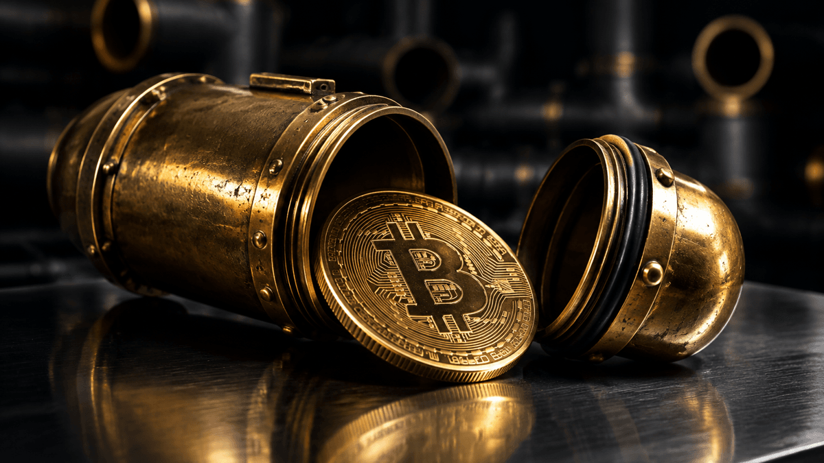 A broken-open brass pneumatic tube capsule lies on a steel plate, with a coin bearing an embossed Bitcoin symbol rolling out of it.