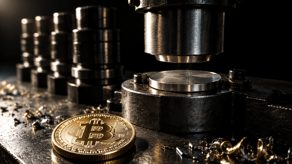 Heavy steel coin dies stand on a workbench, one pressing a smooth metal blank, with a coin bearing an embossed Bitcoin symbol lying in front of them.
