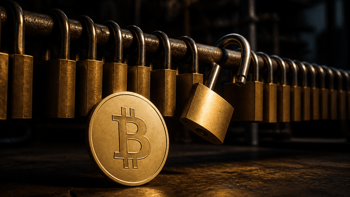Lange Eisenstange mit dicht gehängten geschlossenen Messing-Vorhängeschlössern, ein einziges davon aufgeklappt, davor eine Münze mit Bitcoin-Zeichen