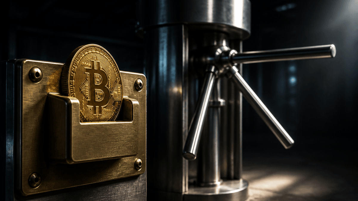 Goldene Münze mit Bitcoin-Zeichen steckt halb in einem Messing-Münzeinwurf neben einem verchromten Drehkreuz