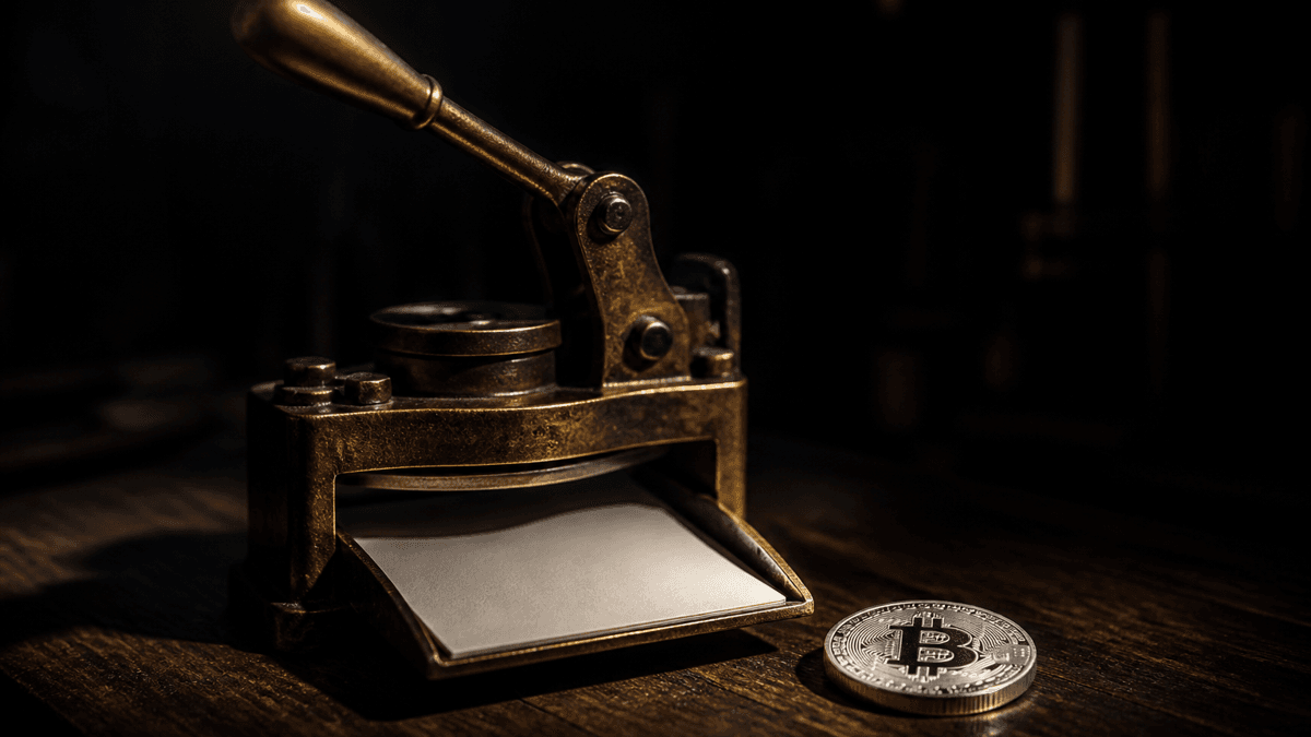Alte Messing-Stempelmaschine mit angehobenem Hebel über einem leeren Papierstapel, daneben eine silberne Münze mit Bitcoin-Zeichen