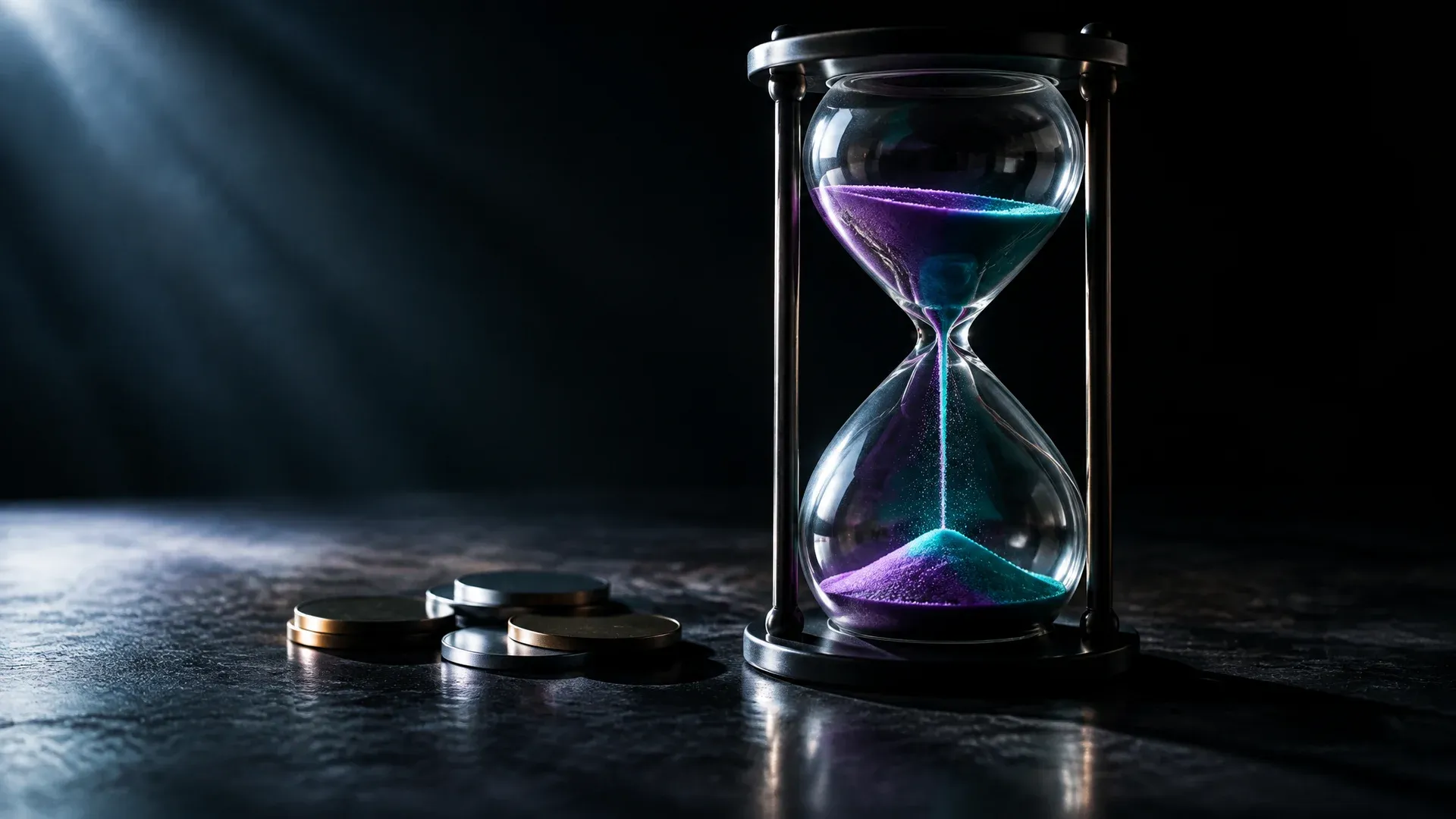 Hourglass with purple and teal sand next to coins