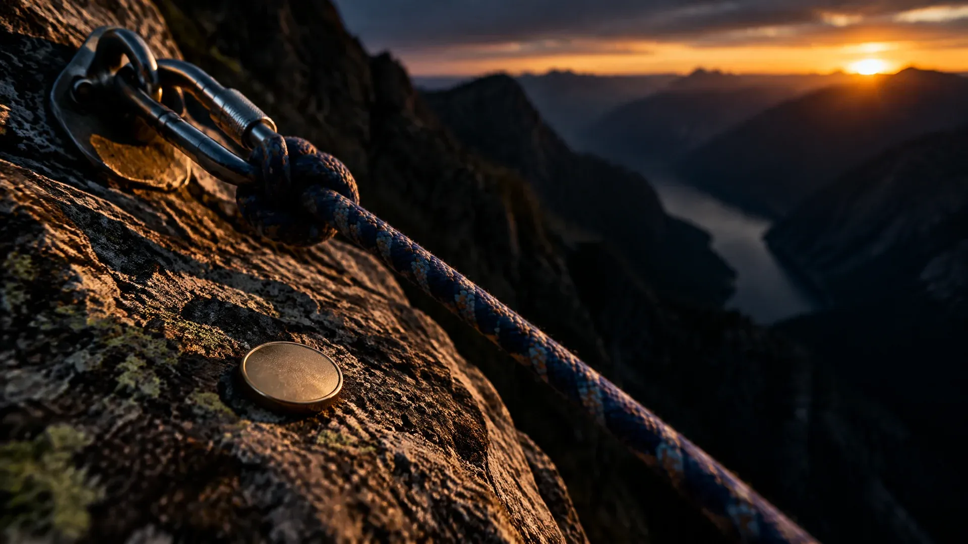 Climbing rope anchored to a rock ledge above a steep drop with a coin on the ledge
