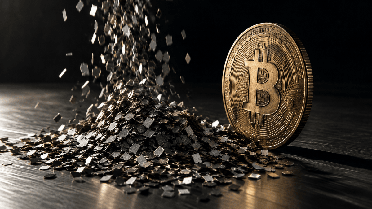 Thousands of tiny metal discs trickle into a flat pile, beside them a single large coin with a Bitcoin symbol stands upright