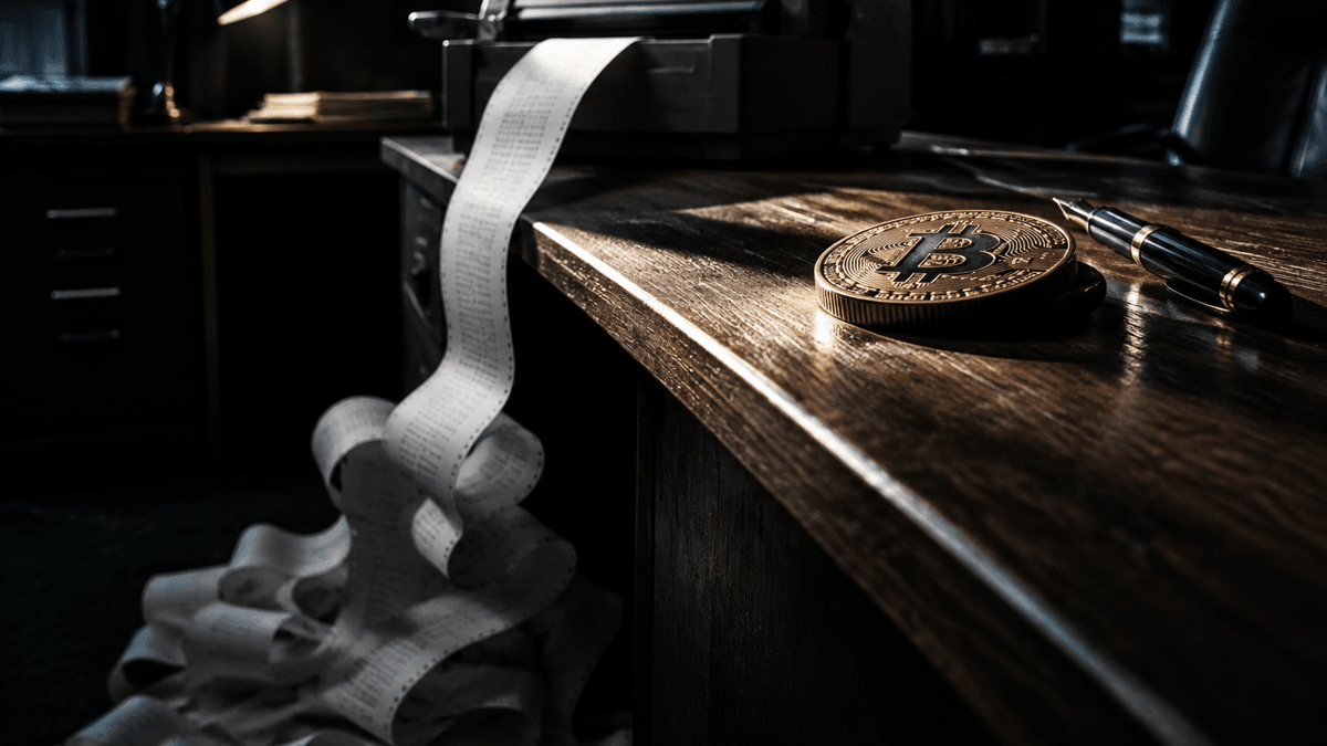 An endless strip of paper runs out of a printer and piles up on the floor, next to it on the table a coin with a Bitcoin symbol and a fountain pen