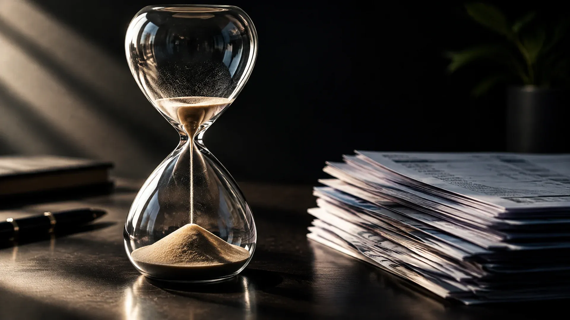 Große gläserne Sanduhr mit fast durchgelaufenem Sand auf einem dunklen Schreibtisch neben einem Stapel Kontoauszüge