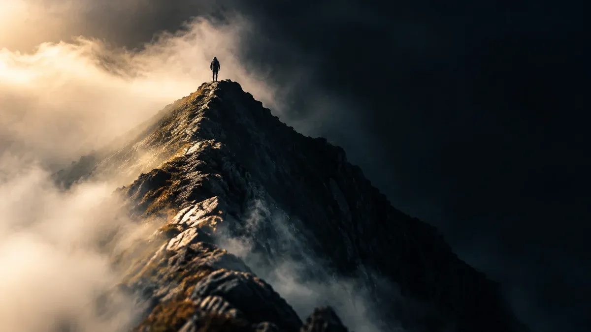 Schmaler Felsgrat steigt aus dem Nebel zu einer Schulter und bricht dort in eine dunkle Flanke ab, oben die Silhouette eines Bergsteigers